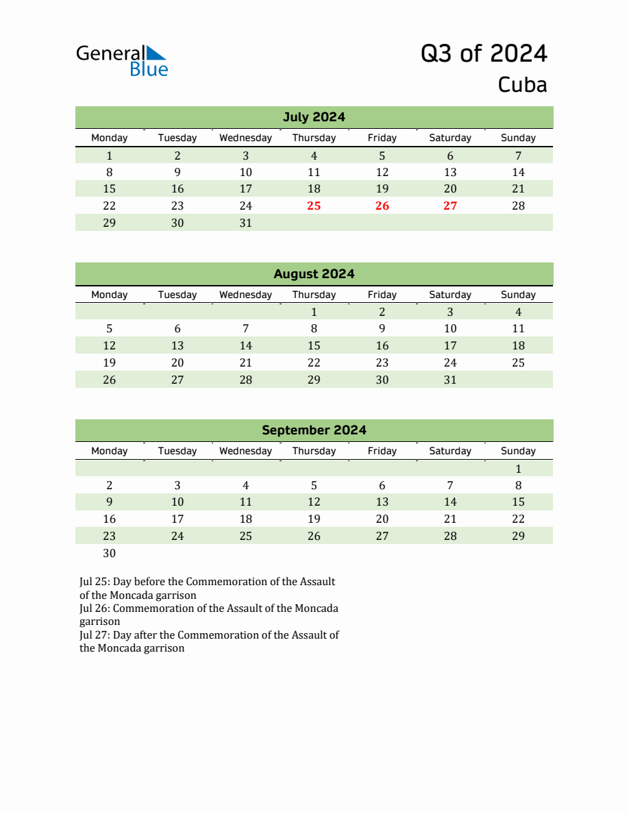 Quarterly Calendar 2024 with Cuba Holidays