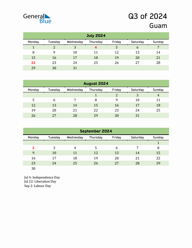 Quarterly Calendar 2024 with Guam Holidays