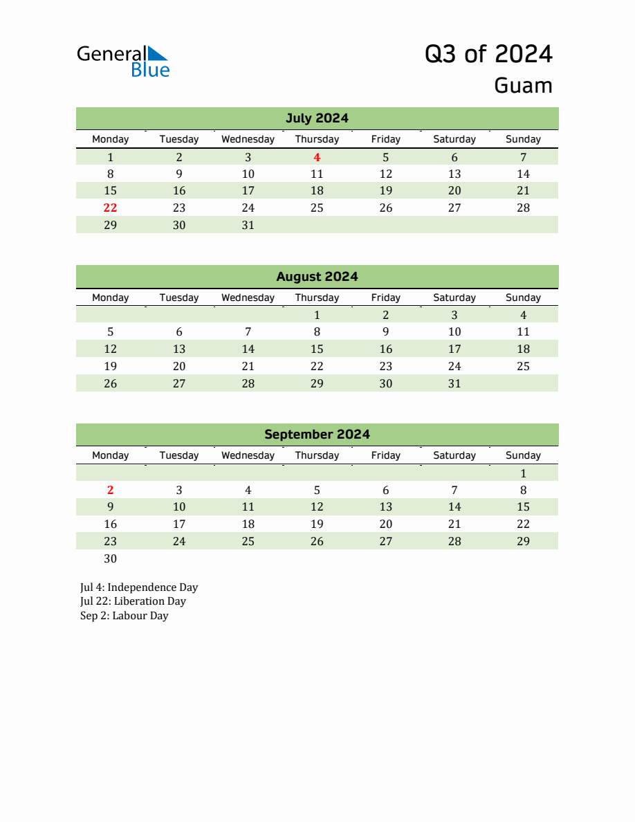 Quarterly Calendar 2024 with Guam Holidays