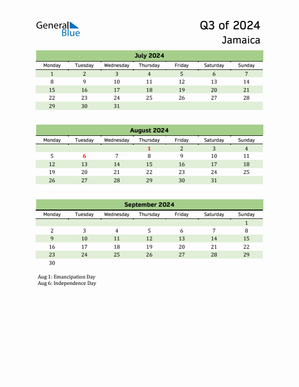 Threemonth calendar for Jamaica Q3 of 2024