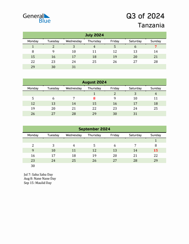 Quarterly Calendar 2024 with Tanzania Holidays