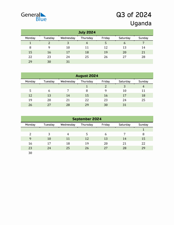 Quarterly Calendar 2024 with Uganda Holidays