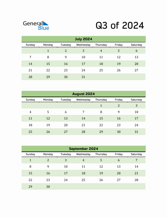 Quarter 3 2024 calendar template