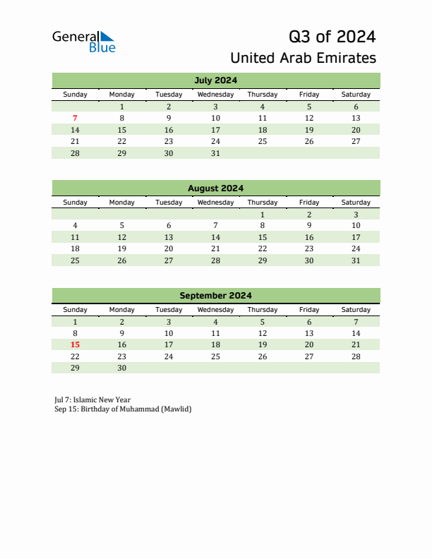 Quarterly Calendar 2024 with United Arab Emirates Holidays