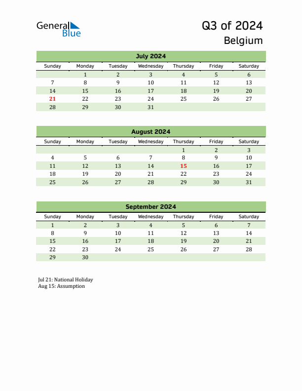Quarterly Calendar 2024 with Belgium Holidays