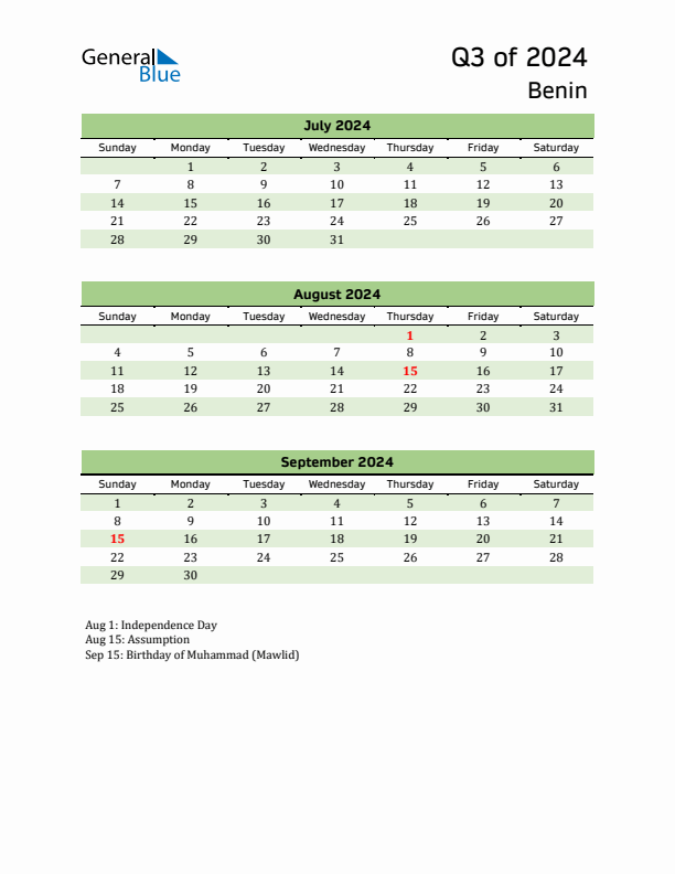 Quarterly Calendar 2024 with Benin Holidays