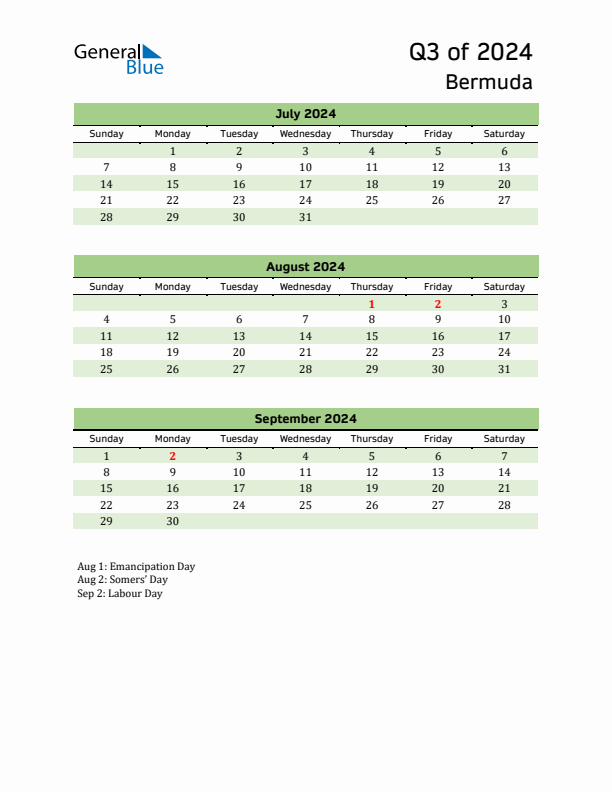 Q3 2024 Quarterly Calendar with Bermuda Holidays