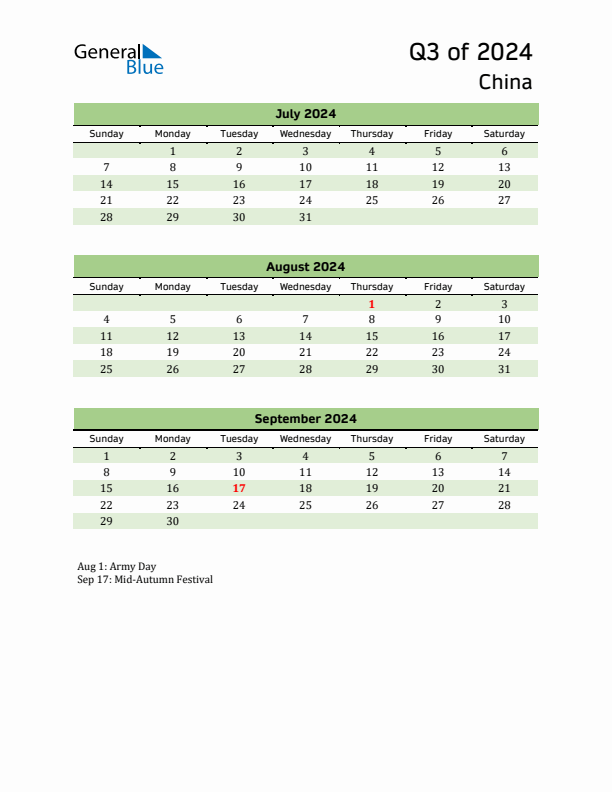 Q3 2024 Quarterly Calendar with China Holidays (PDF, Excel, Word)