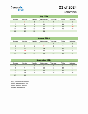Colombia Quarter 3  2024 calendar template