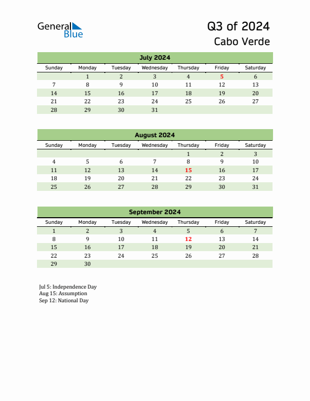 Quarterly Calendar 2024 with Cabo Verde Holidays