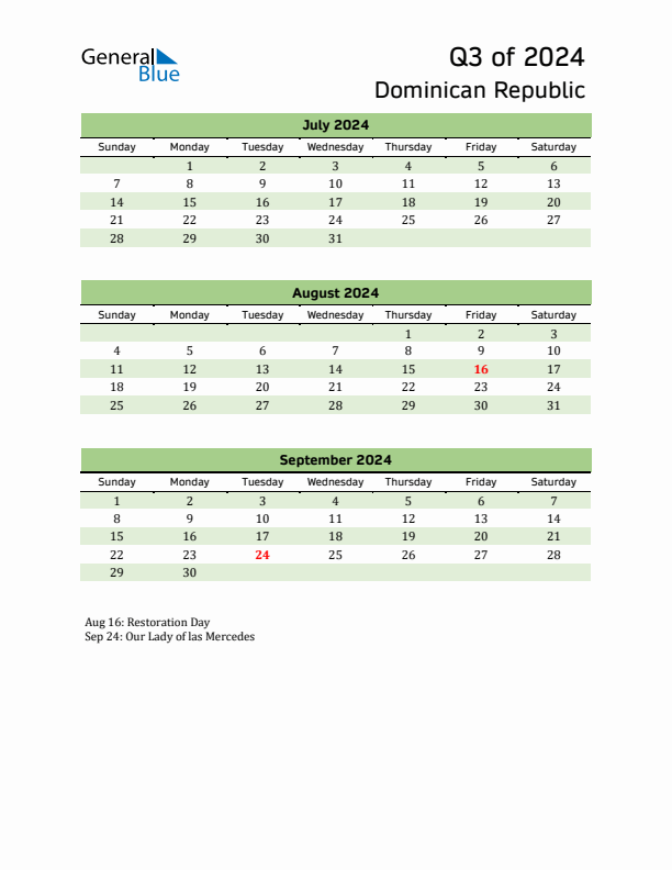 Quarterly Calendar 2024 with Dominican Republic Holidays