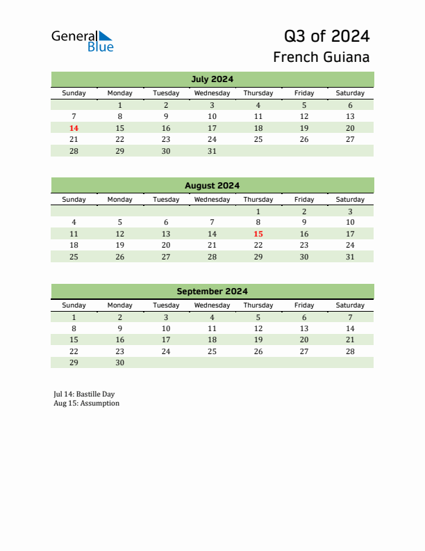 Quarterly Calendar 2024 with French Guiana Holidays