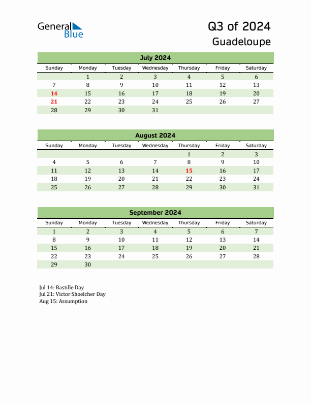 Quarterly Calendar 2024 with Guadeloupe Holidays