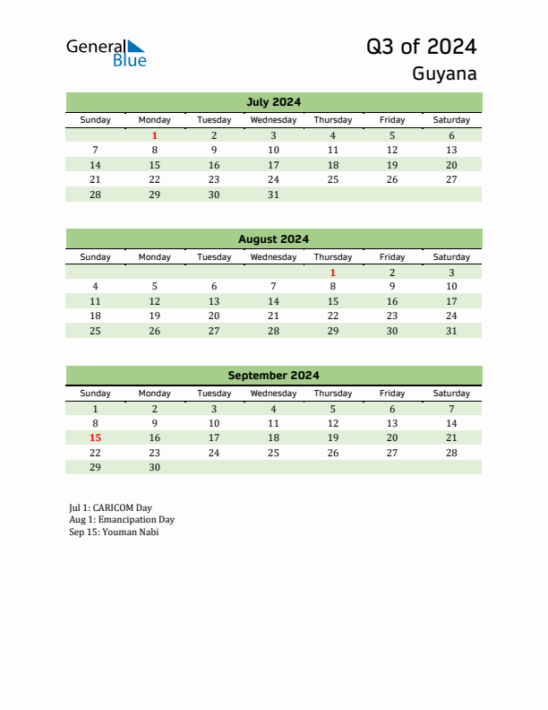 Q3 2024 Quarterly Calendar with Guyana Holidays