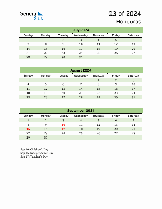 Quarterly Calendar 2024 with Honduras Holidays
