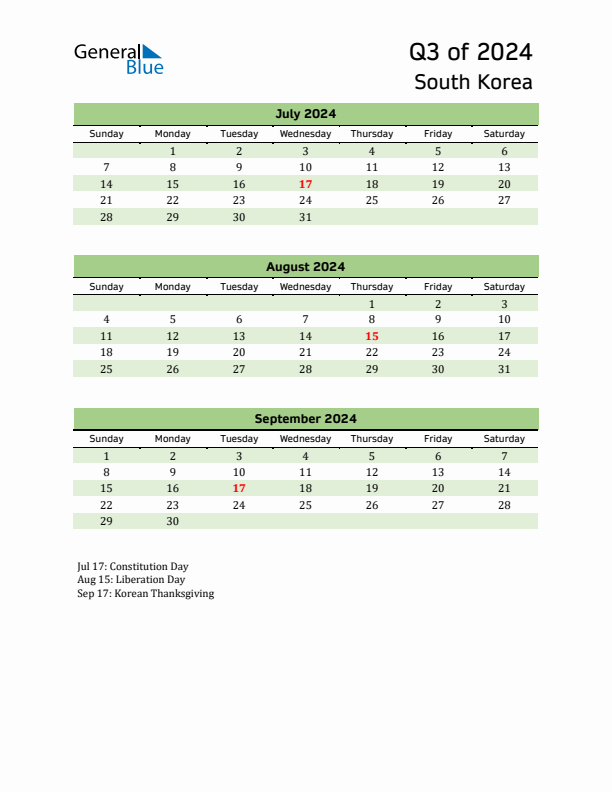 Q3 2024 Quarterly Calendar with South Korea Holidays (PDF, Excel, Word)