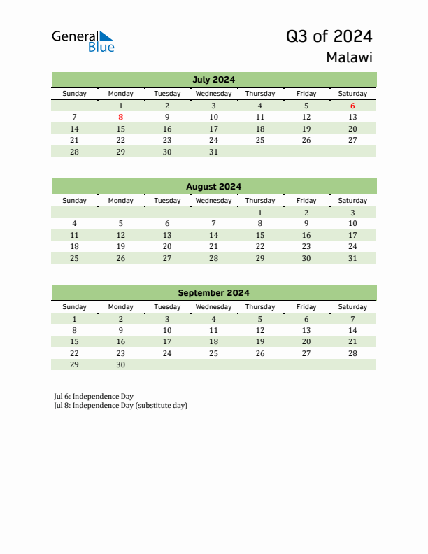 Quarterly Calendar 2024 with Malawi Holidays