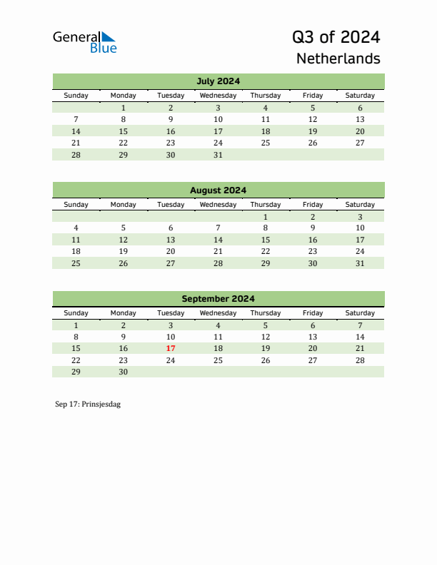 Q3 2024 Quarterly Calendar with Netherlands Holidays (PDF, Excel, Word)