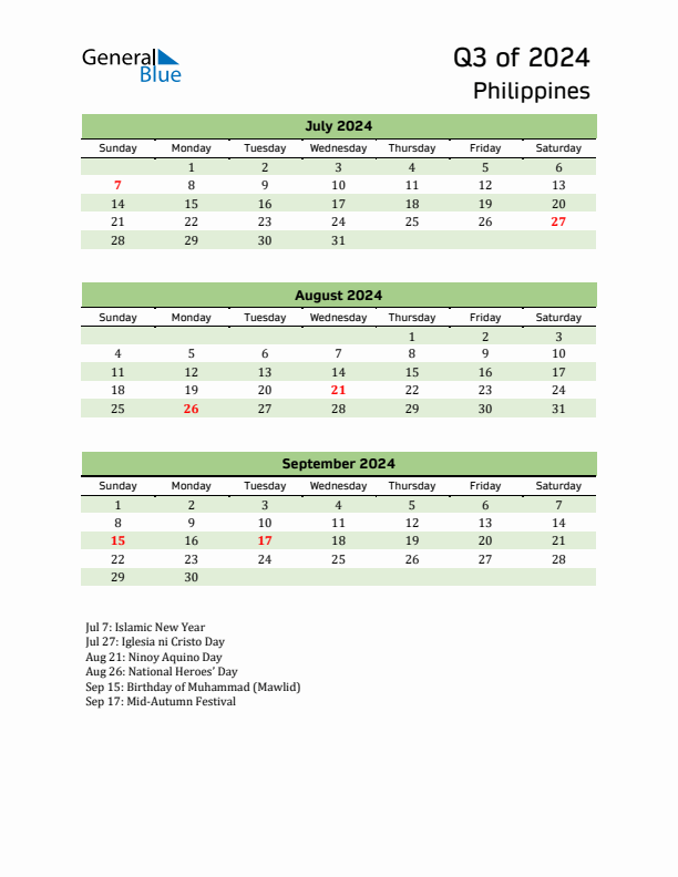 Q3 2024 Quarterly Calendar with Philippines Holidays