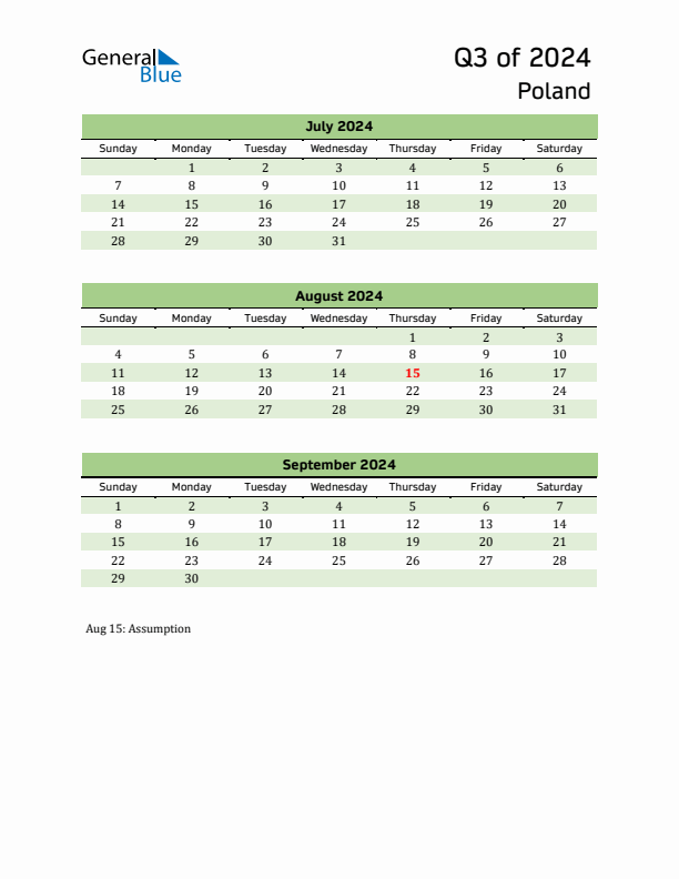 Q3 2024 Quarterly Calendar with Poland Holidays (PDF, Excel, Word)