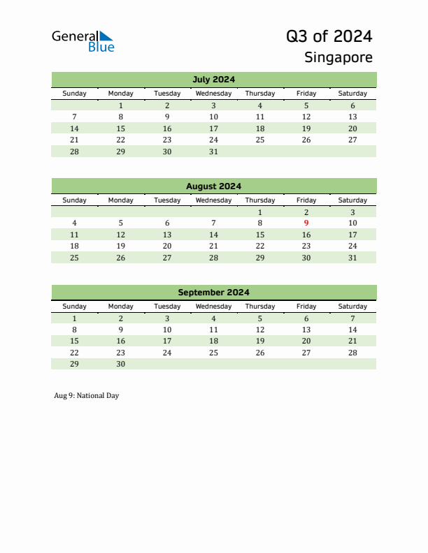 Q3 2024 Quarterly Calendar with Singapore Holidays (PDF, Excel, Word)