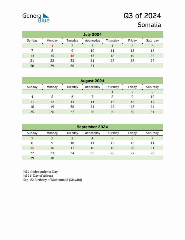 Quarterly Calendar 2024 with Somalia Holidays