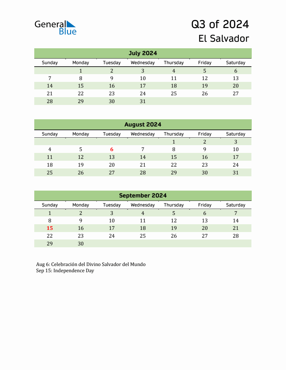 Quarterly Calendar 2024 with El Salvador Holidays