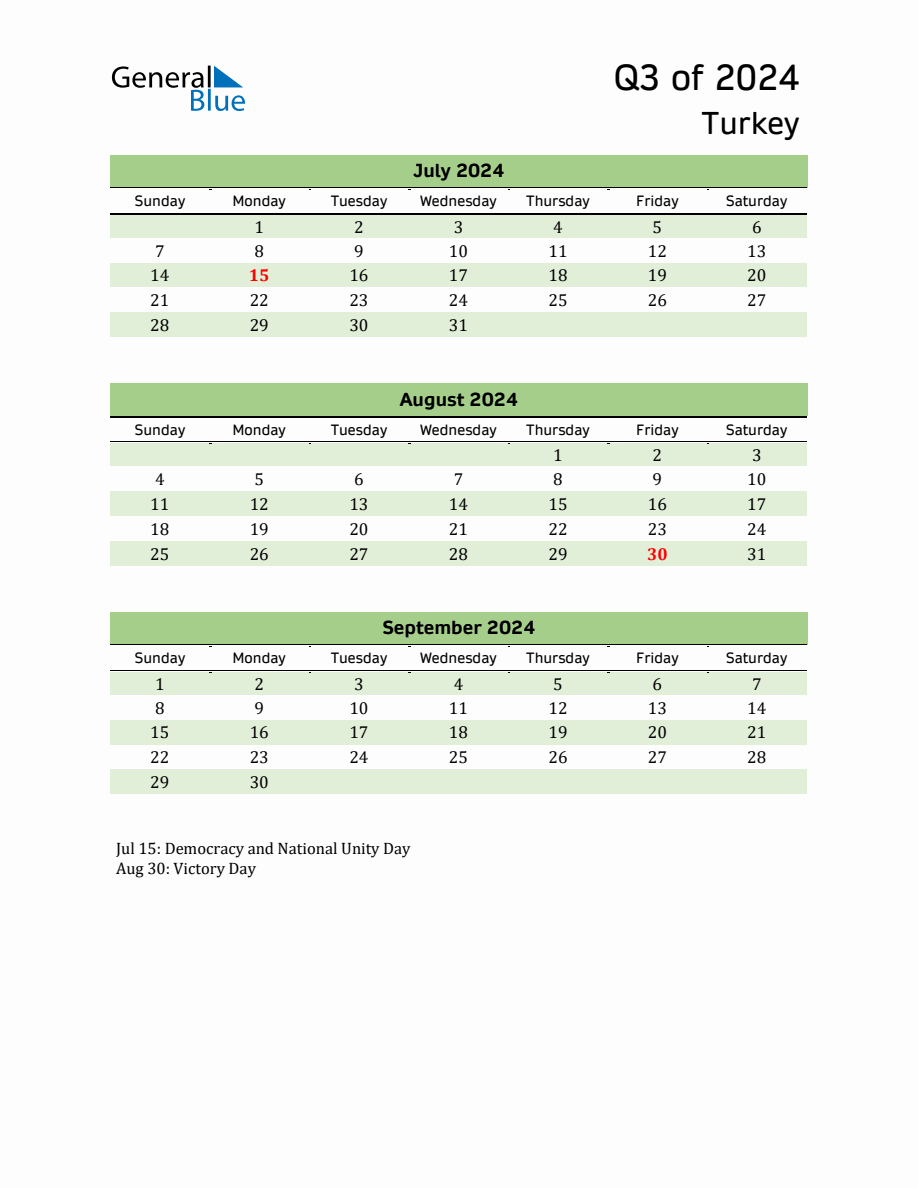 Quarterly Calendar 2024 with Turkey Holidays