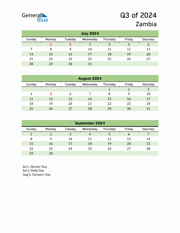 Quarterly Calendar 2024 with Zambia Holidays