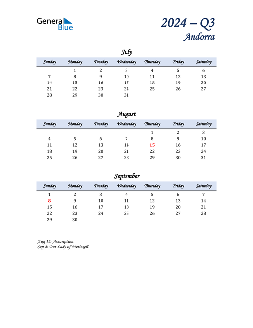  July, August, and September Calendar for Andorra