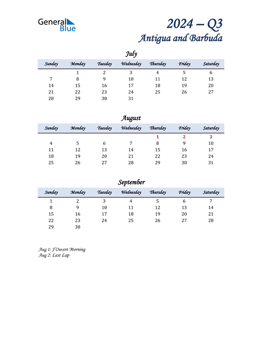  July, August, and September Calendar for Antigua and Barbuda