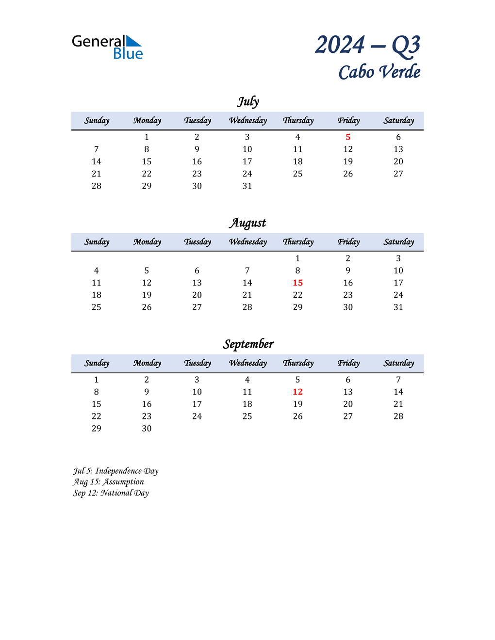  July, August, and September Calendar for Cabo Verde