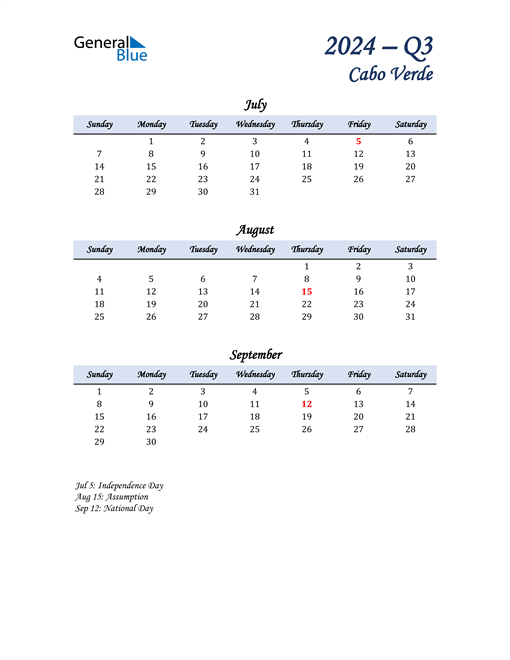  July, August, and September Calendar for Cabo Verde