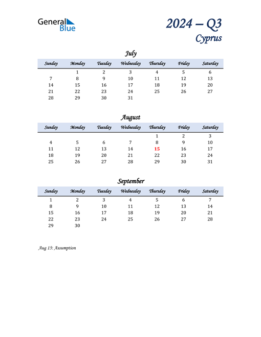  July, August, and September Calendar for Cyprus