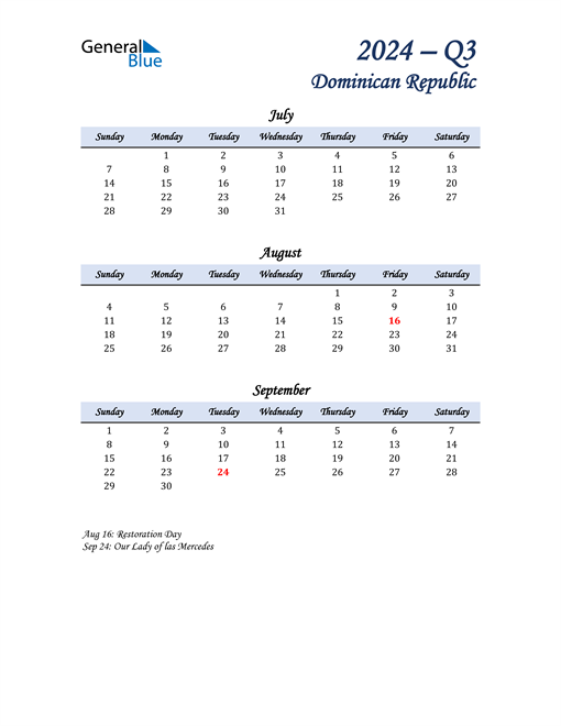  July, August, and September Calendar for Dominican Republic