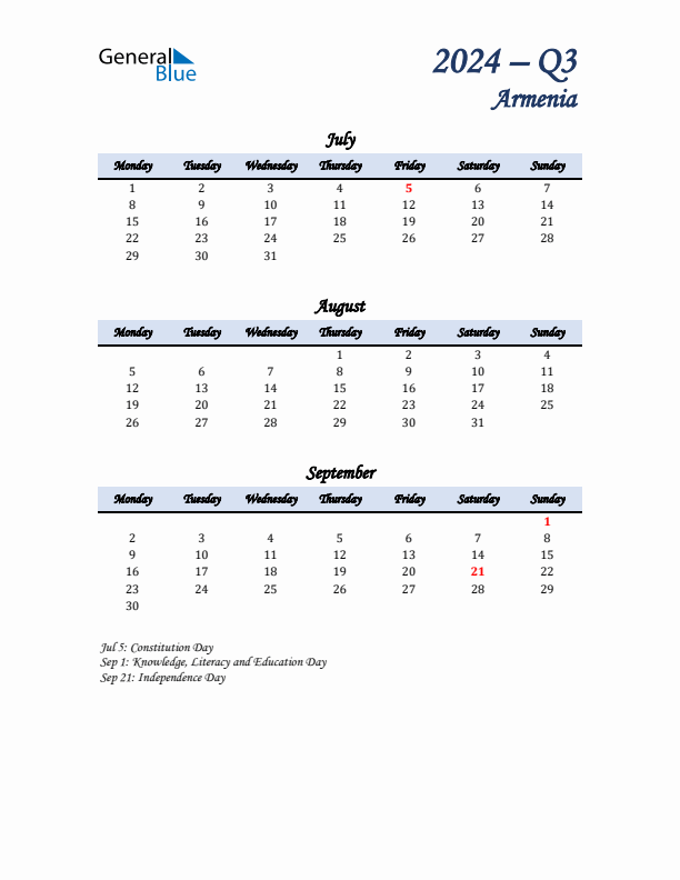 July, August, and September Calendar for Armenia with Monday Start