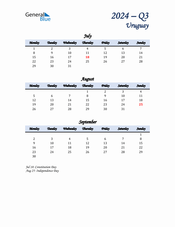 July, August, and September Calendar for Uruguay with Monday Start