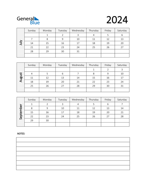 Q3 2024 Quarterly Calendar (PDF Word Excel)