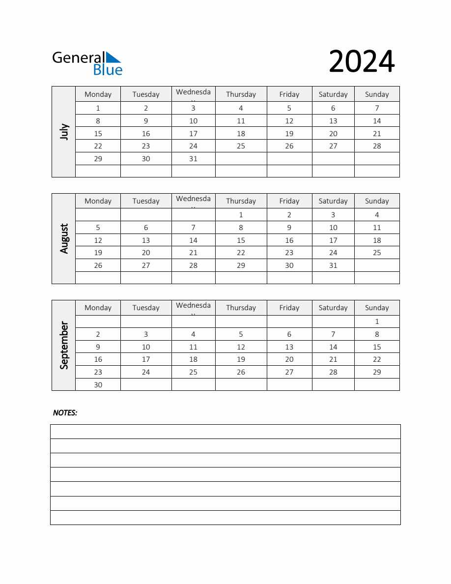 Q3 2024 Calendar Template with Notes in PDF, Word, and Excel