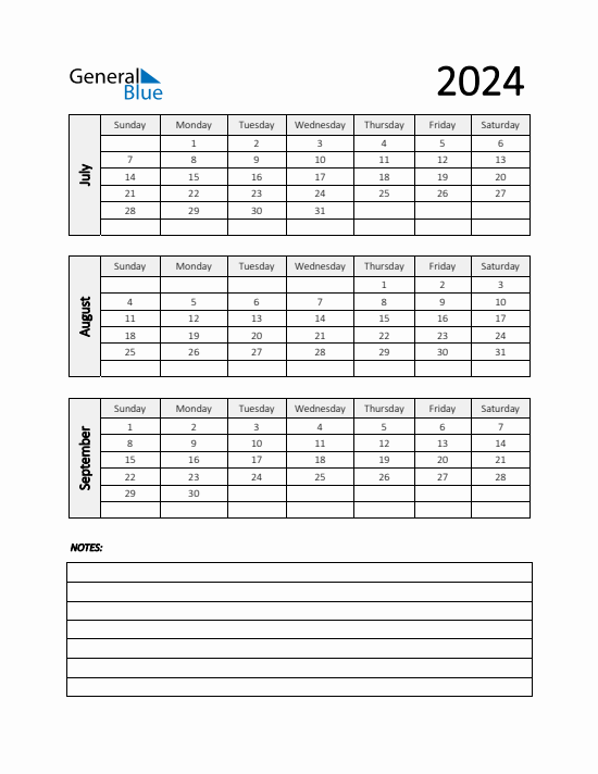 Quarter 3 2024 calendar template