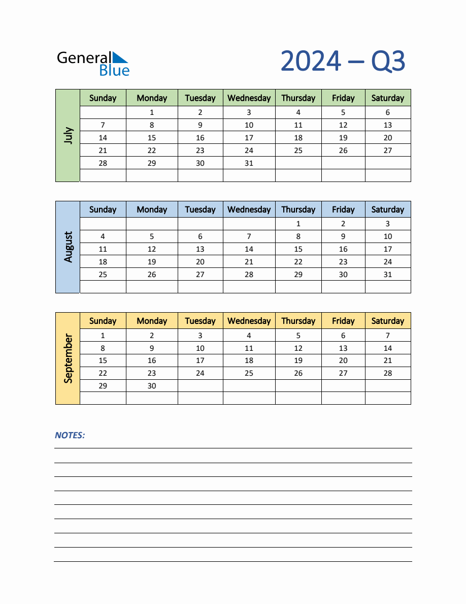 ThreeMonth Planner for Q3 2024 with Notes