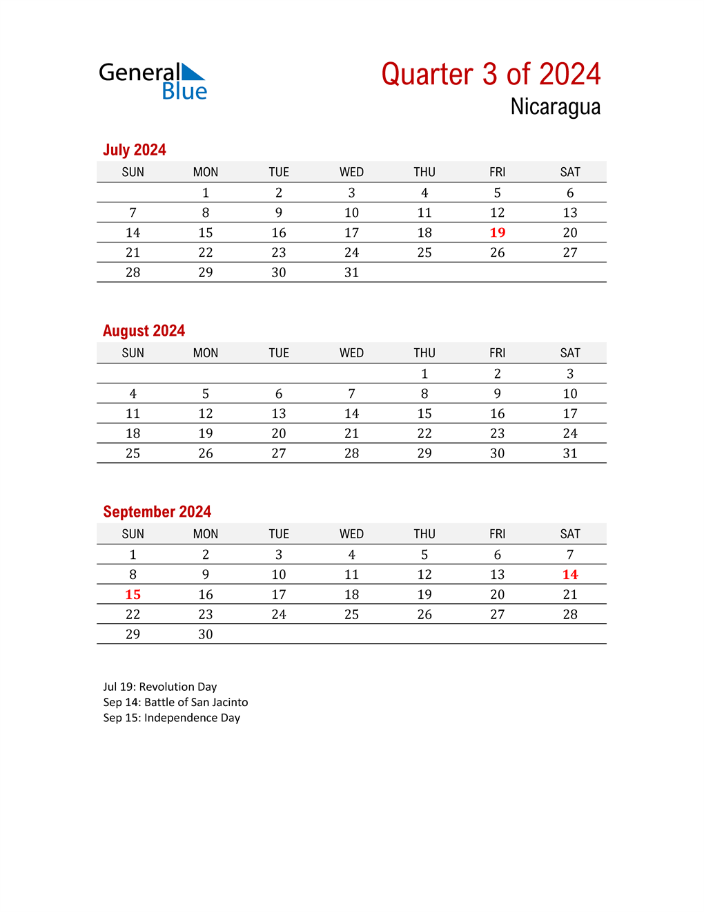  Printable Three Month Calendar for Nicaragua