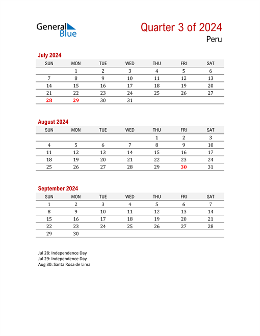  Printable Three Month Calendar for Peru