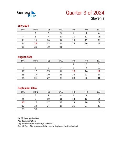  Printable Three Month Calendar for Slovenia