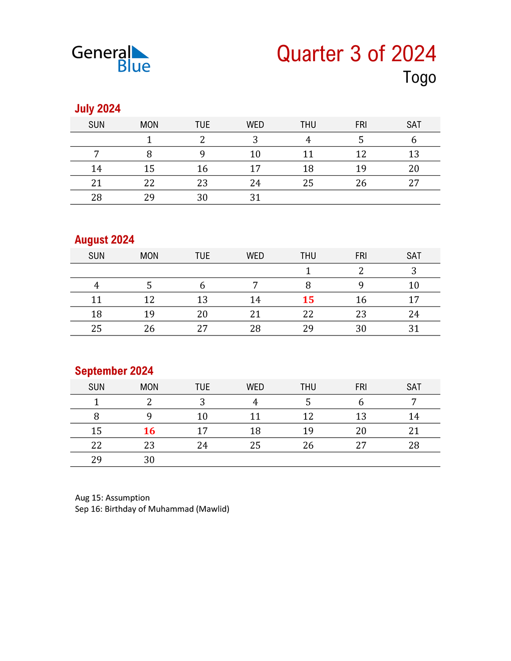  Printable Three Month Calendar for Togo
