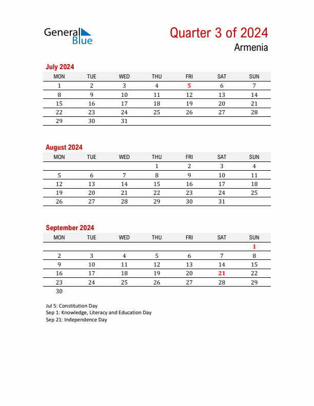 Printable Three Month Calendar with Armenia Holidays