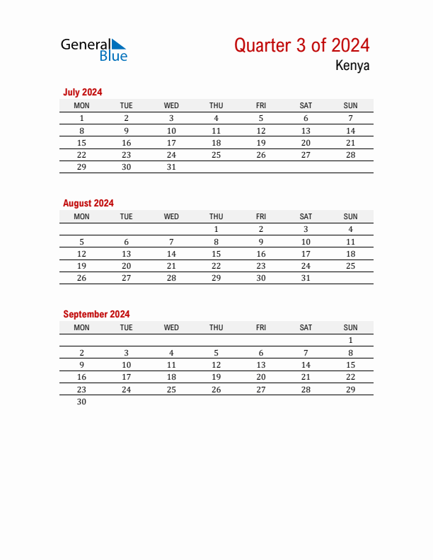 Threemonth calendar for Kenya Q3 of 2024