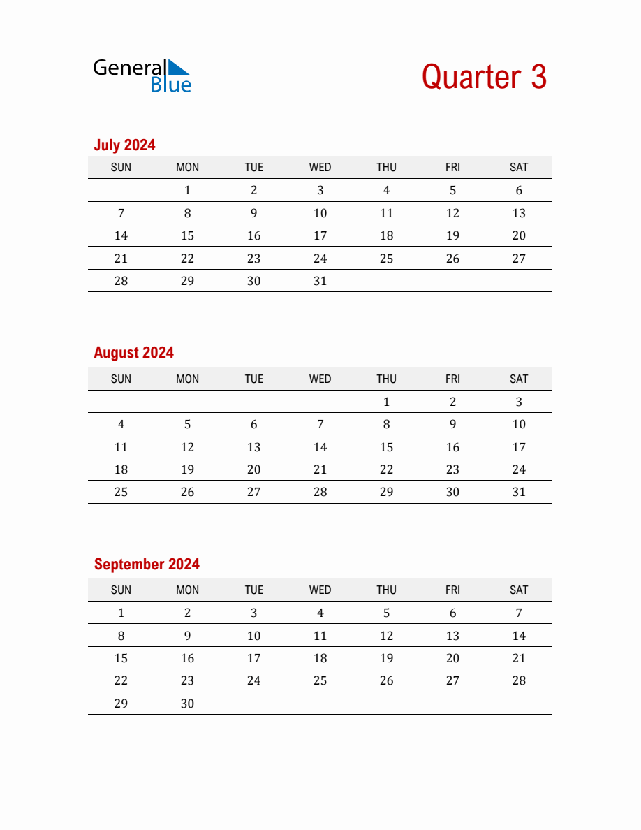 Quarter 3 2024 Calendar Printable (PDF, Word, Excel)