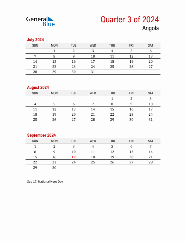 Printable Three Month Calendar with Angola Holidays