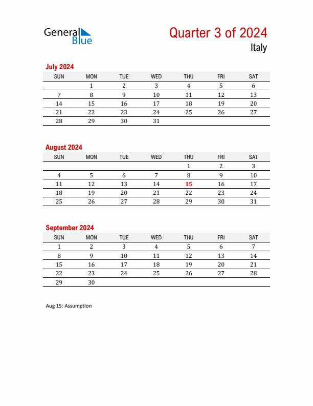 Q3 2024 Quarterly Calendar with Italy Holidays